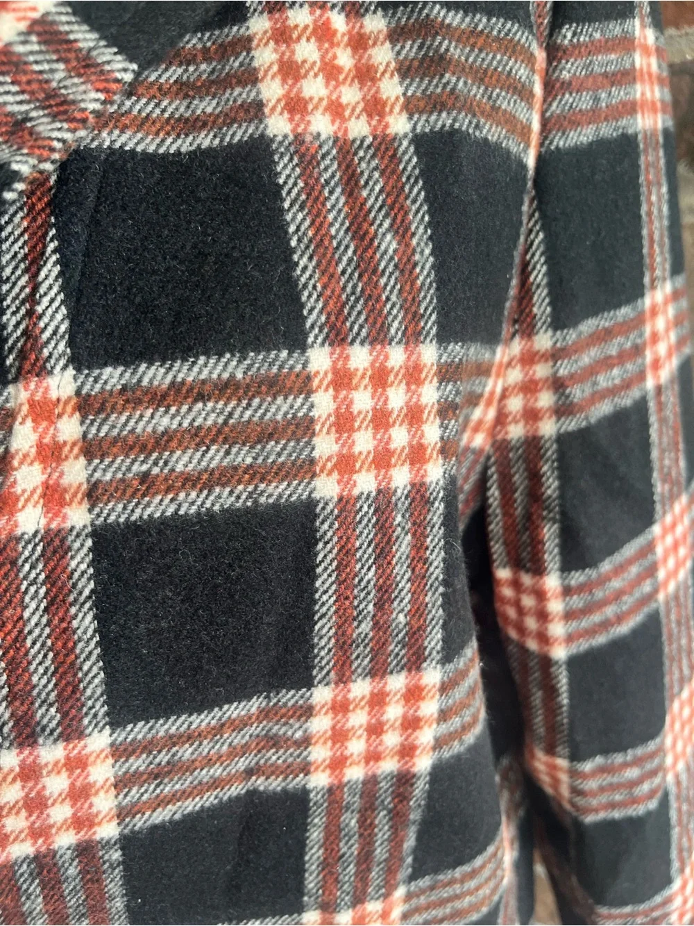 Men's Slim Fit Black and Rust Plaid Single-Breasted Pea Coat